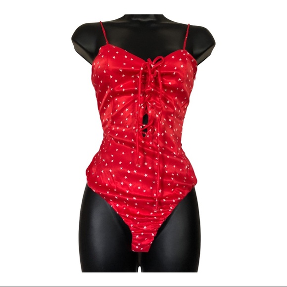 Zara red retro satin silk effect white stars lace-up spaghetti strap bodysuit - Picture 8 of 14